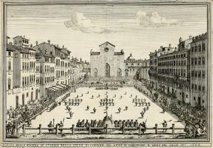 A match of Calcio Fiorentino played on Piazza Santa Croce in 1688; Wikipedia.org.