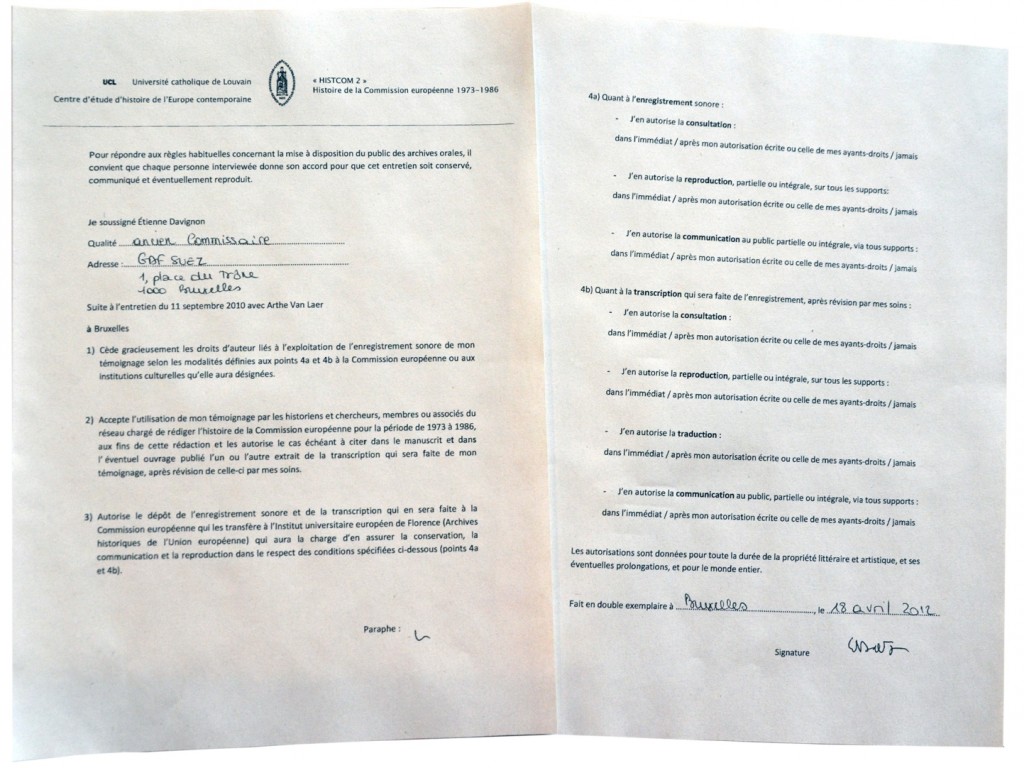 Authorization form of the Interview to Etienne Davignon (INT614)