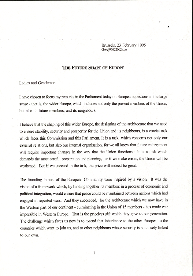 Text of speech of Commission President Santer to the European Parliament regarding EU’s relations with Central and Eastern Europe, 2nd March 1995 (HAEU, GJLA 187)