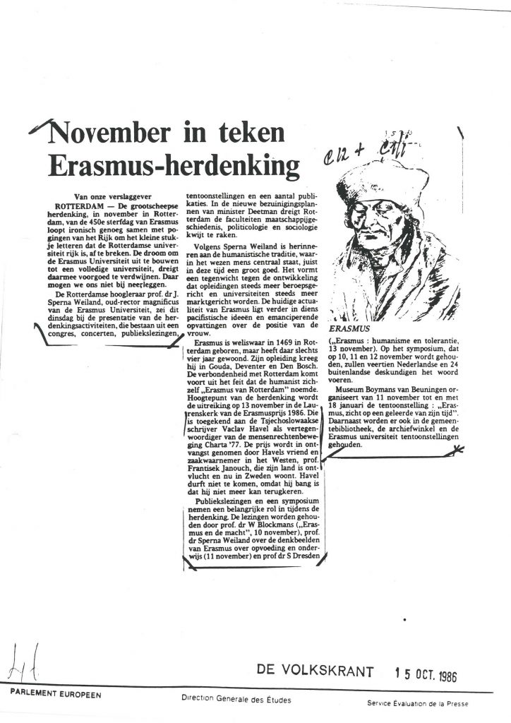 Article on Erasmus, ‘De Volkskrant’ from October 15th 1986 (HAEU, CPPE 932)