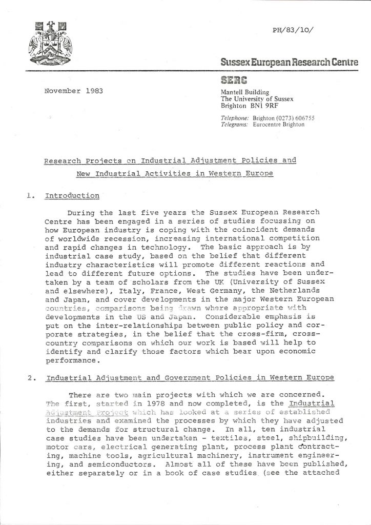 Memorandum from the Sussex European Research Centre concerning an international research study on European industry from November 1983 (HAEU, UACES 49).